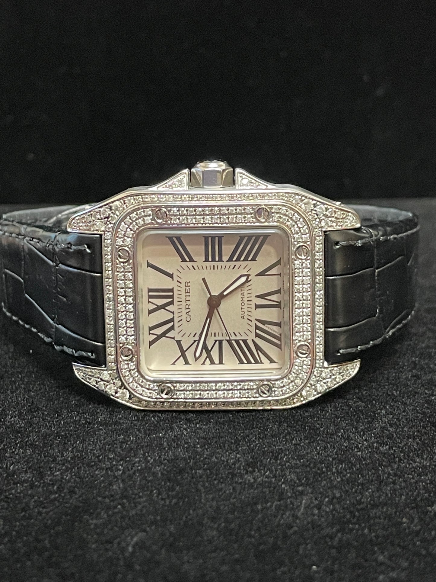 Cartier Santos Iced Out Diamond 2878 White Roman Dial Leather Strap 33x44mm