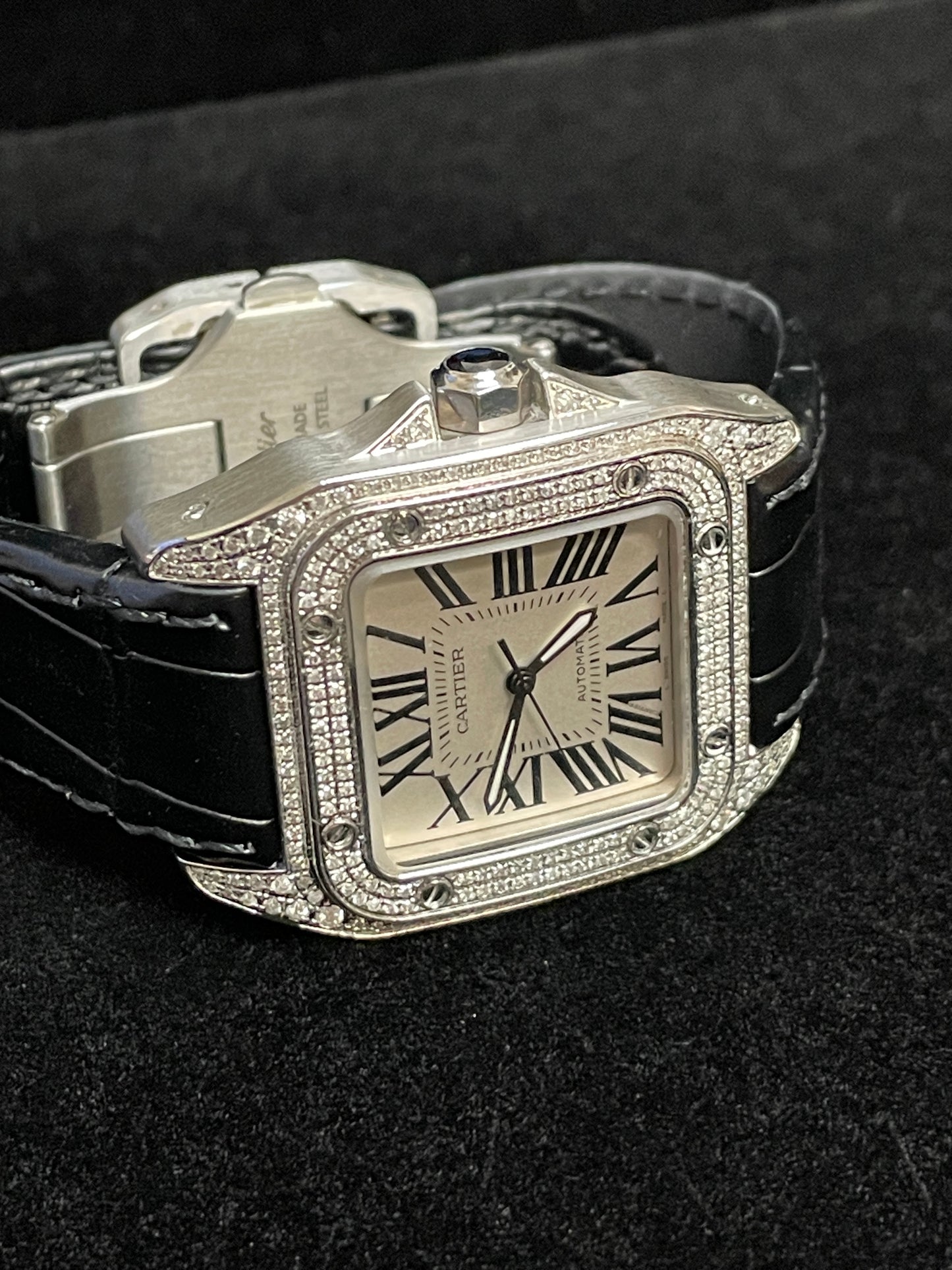 Cartier Santos Iced Out Diamond 2878 White Roman Dial Leather Strap 33x44mm