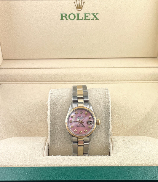 OH Rolex Ladies Datejust 6516 Pink Diamond Pearl Dial TT Oyster No Papers 26mm