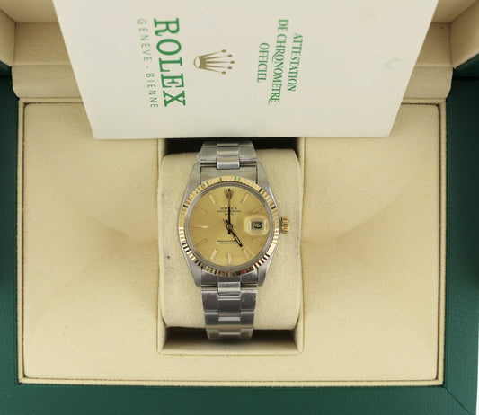 1980 Rolex Date 1505 Champagne Dial Two-Tone Bezel SS Oyster With Papers 34mm