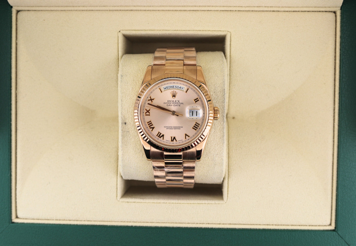 2000 Rolex Day-Date 118235 Pink Roman Dial 18kt President Solid Rose Gold 36mm