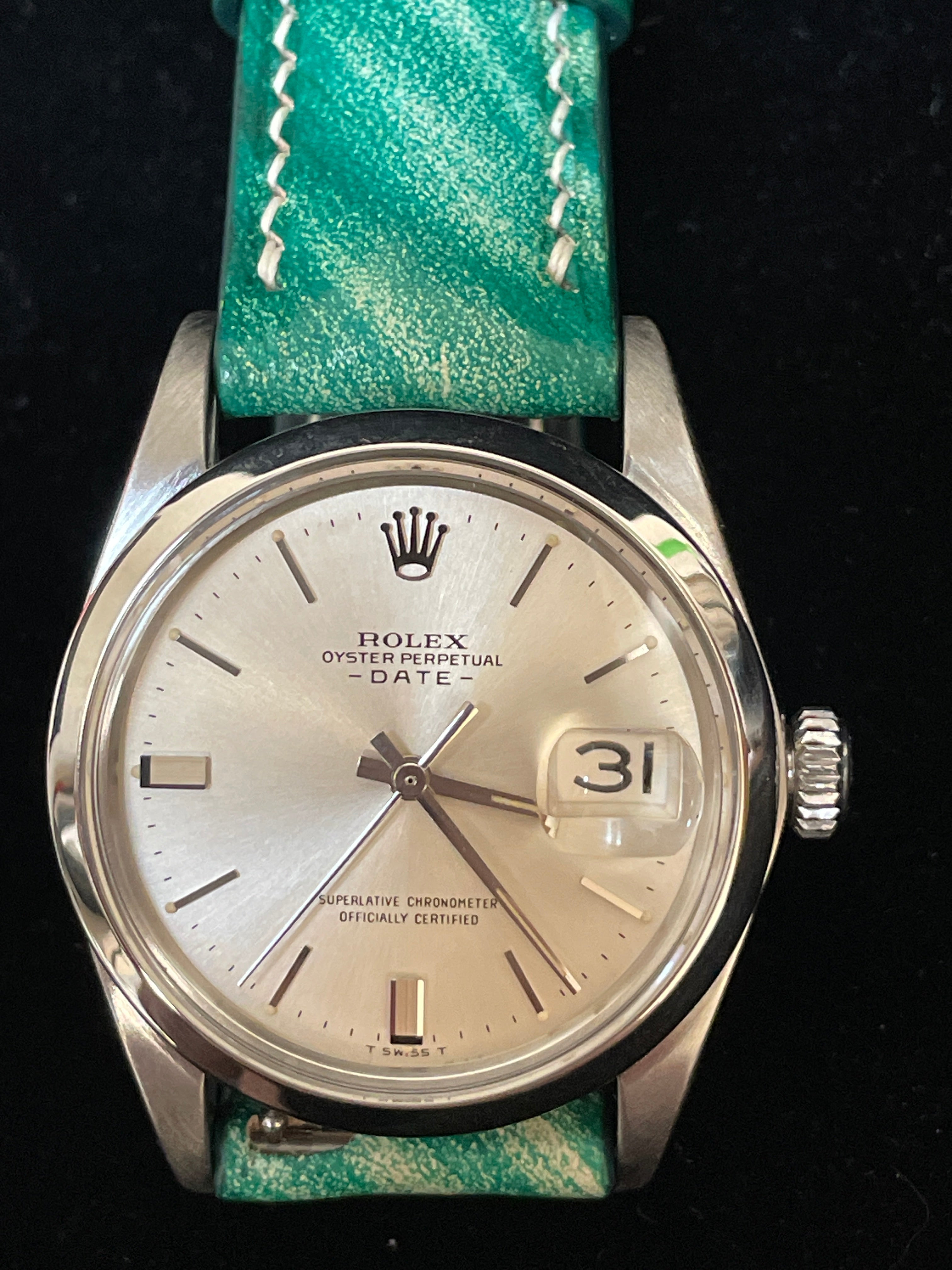 1963 Rolex Date 1500 Silver Dial Green Pattern Leather Strap No