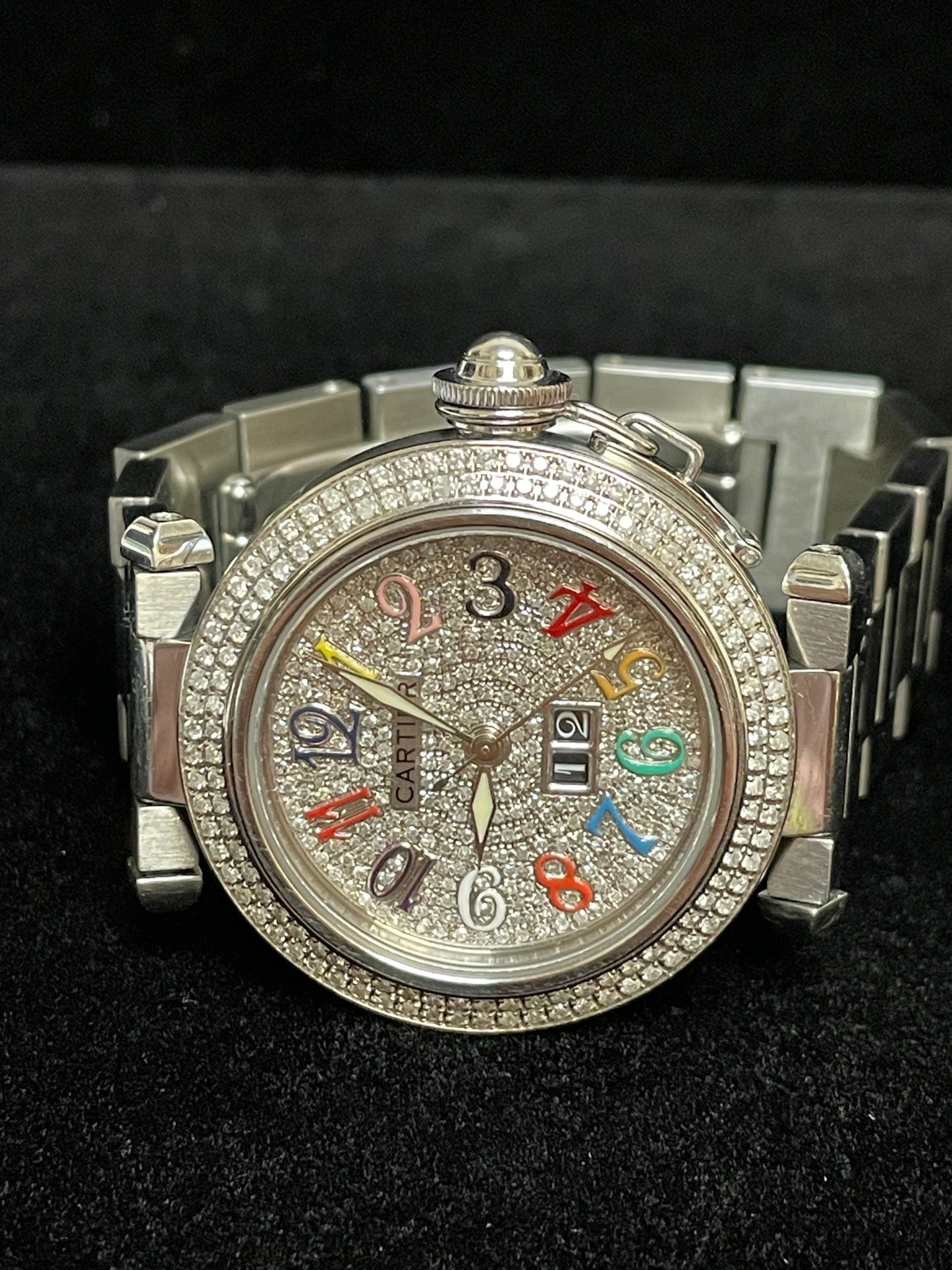 Cartier Ladies Pasha Date 2475 Diamond Bezel Pave Rainbow Diamond Dial SS 35mm