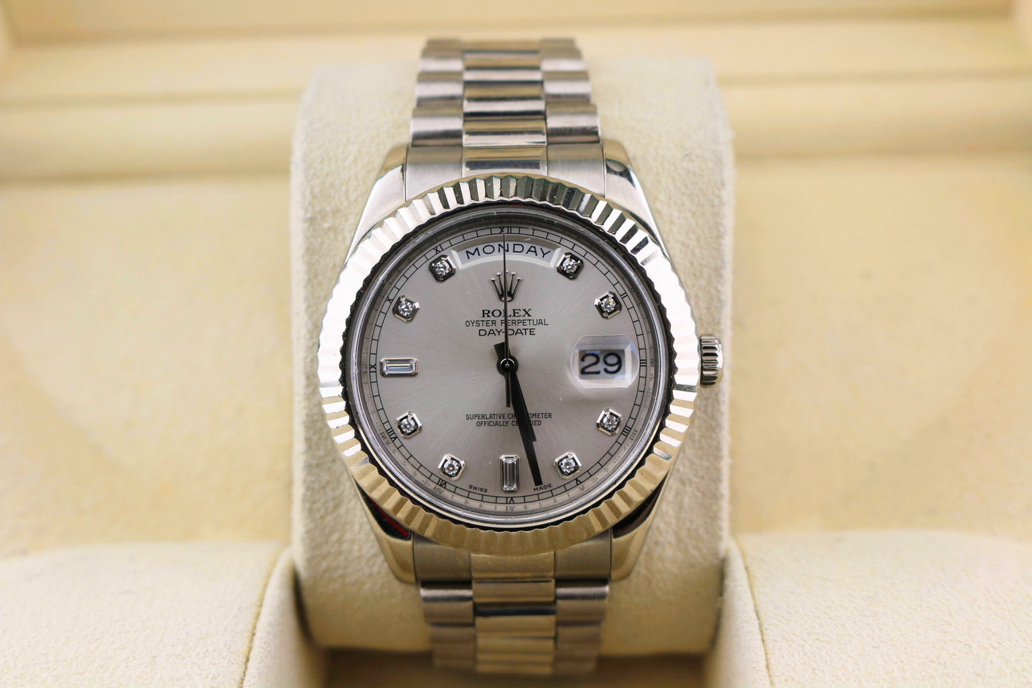 OH 2009 Rolex Day-Date 218239 Silver Diamond Dial White Gold Bracelet No Papers 41m