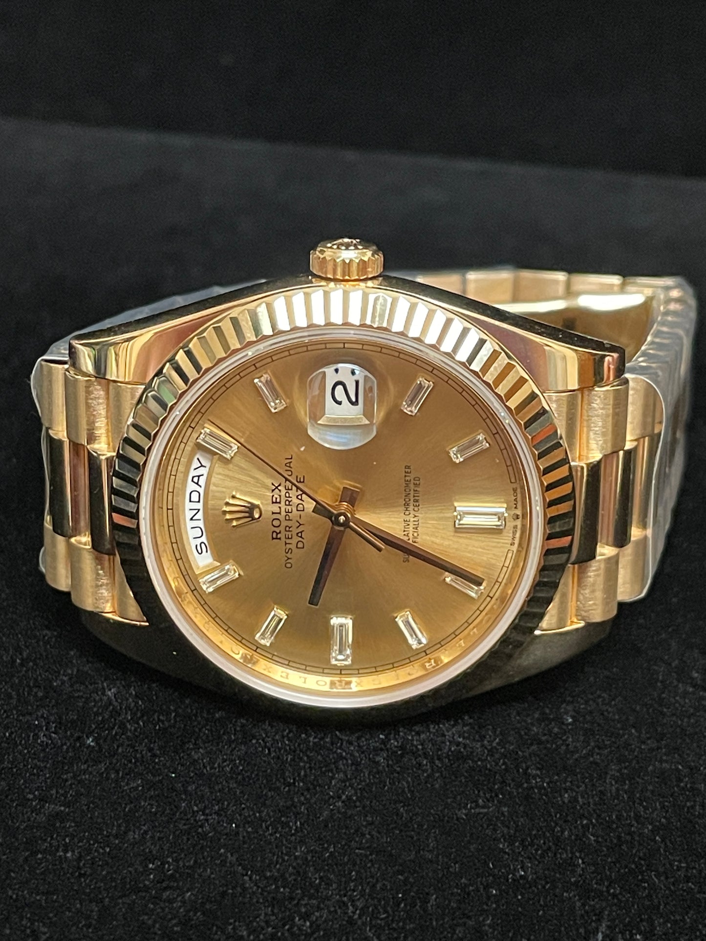 2020 Rolex Day-Date 228238 Champagne Baguette Dial 18kt President W Papers 40mm