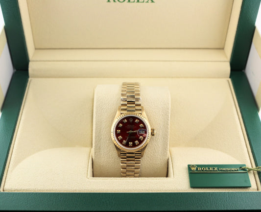 1999 Rolex Ladies Datejust 79178 Red Diamond Dial 18kt President No Papers 26mm