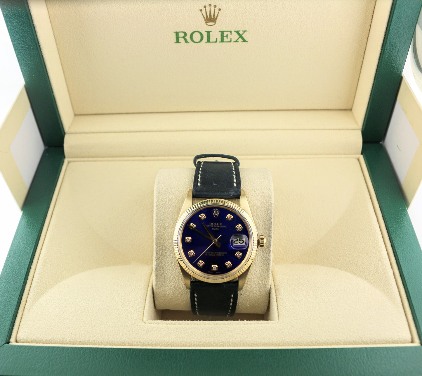 Rolex Date 1507 Gold 14kt Blue Diamond Dial Leather Strap No Papers 34mm