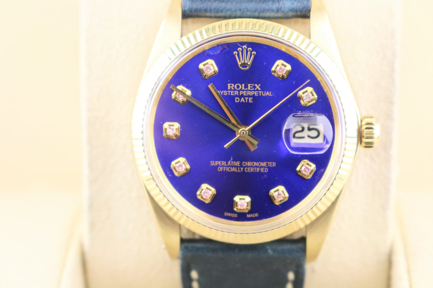 Rolex Date 1507 Gold 14kt Blue Diamond Dial Leather Strap No Papers 34mm