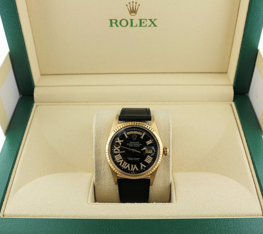 Rolex Day-Date 1803 Black Roman Diamond Dial 18kt Black Leather Strap 36mm