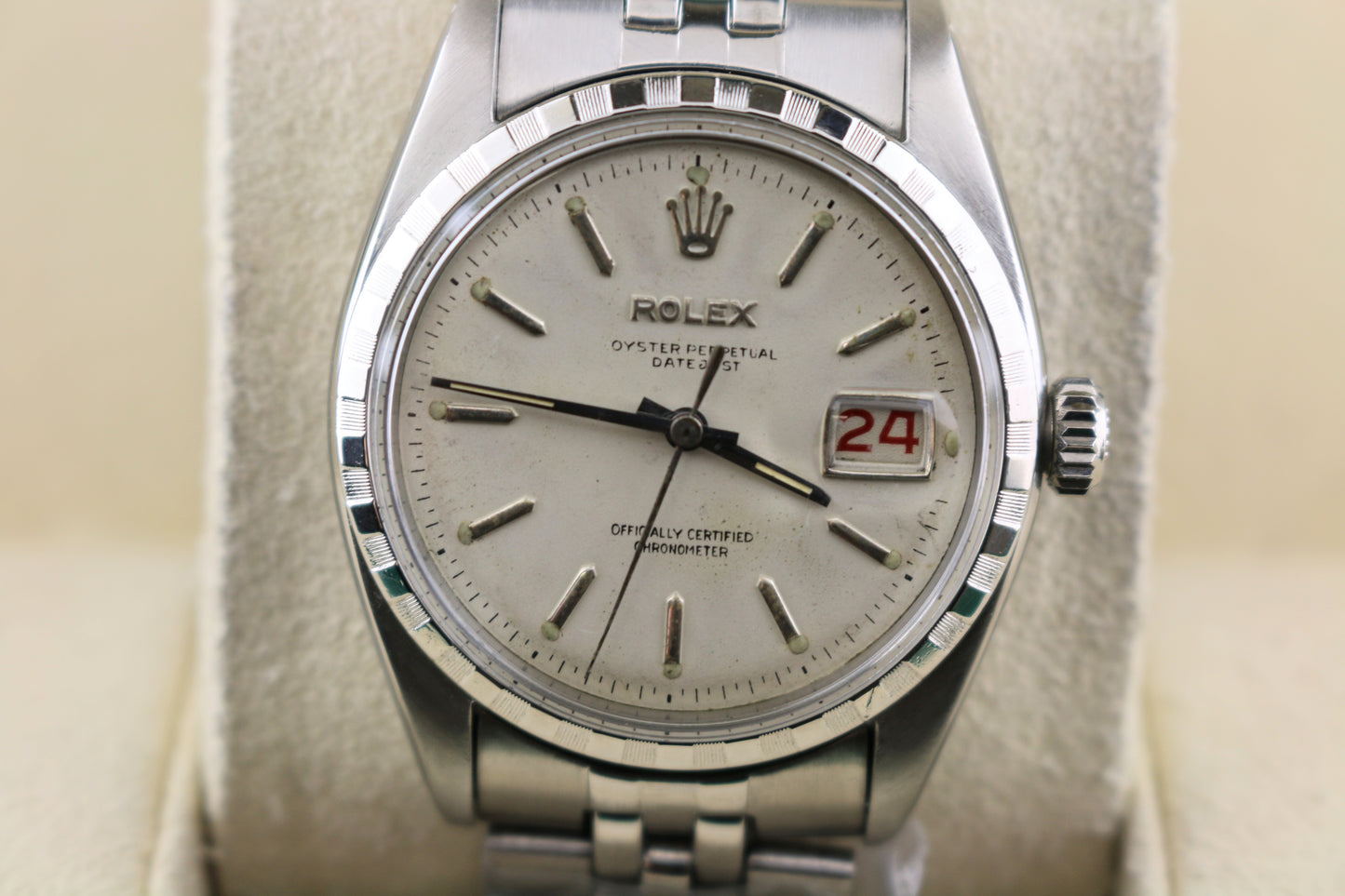 1959 Rolex Datejust 6305/2 Ovettone White Roulette Calendar SS Jubilee 36mm