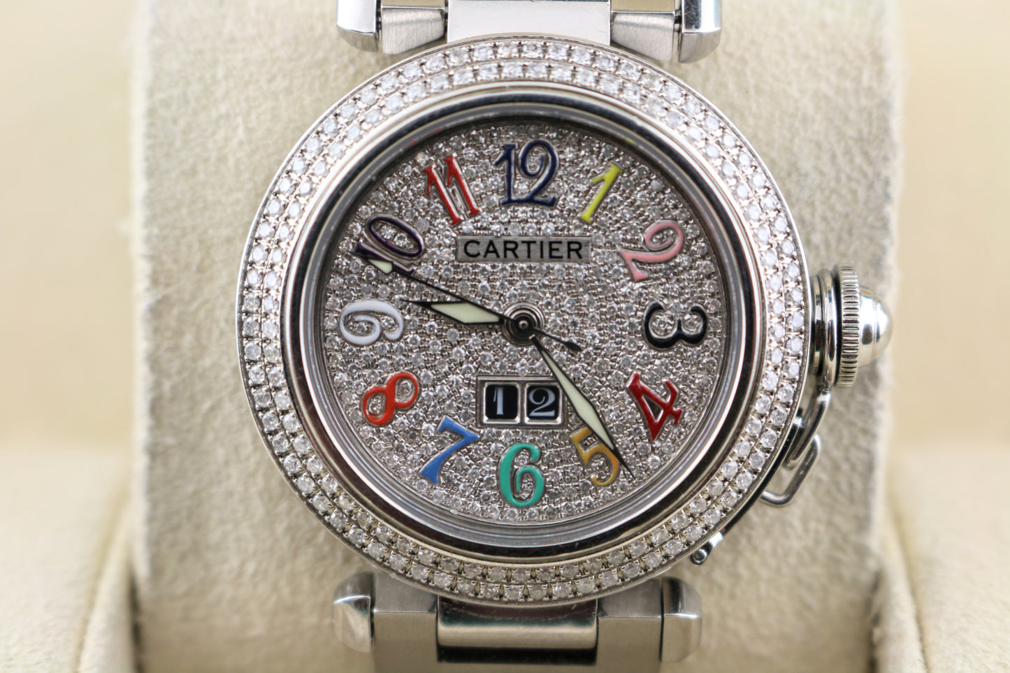 Cartier Ladies Pasha Date 2475 Diamond Bezel Pave Rainbow Diamond Dial SS 35mm