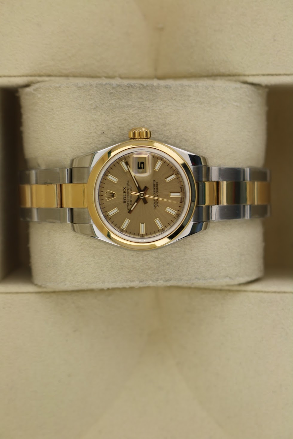 2006 Rolex Datejust 179163 Ladies Champagne Stick Dial TT Oyster No Papers 26mm