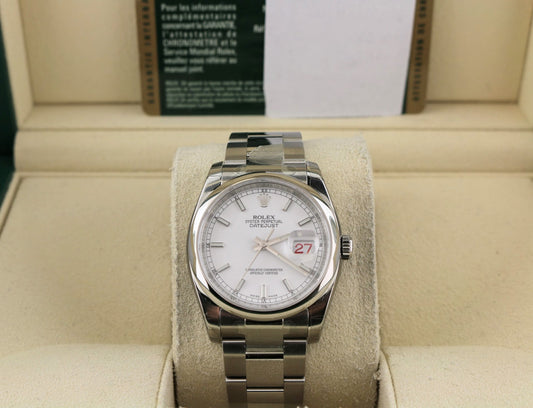 Unworn Rolex Datejust 116200 White Stick Dial Roulette SS Oyster With Paper 36mm