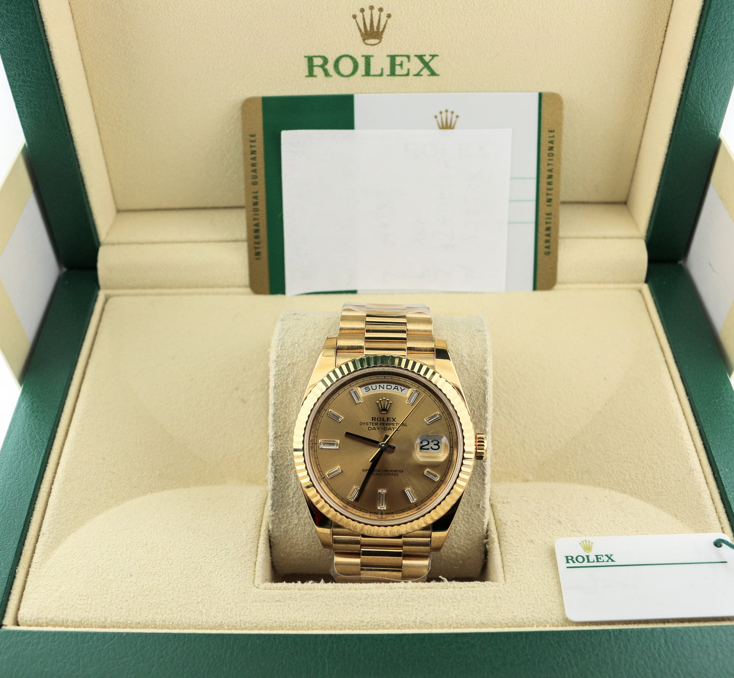 2020 Rolex Day-Date 228238 Champagne Baguette Dial 18kt President W Papers 40mm