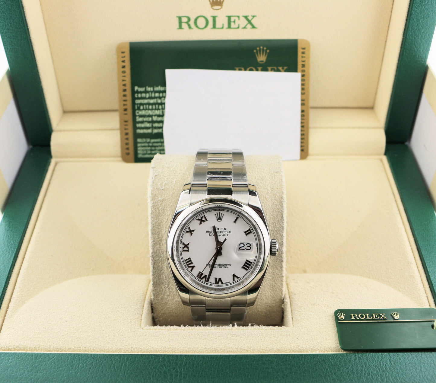 2013 Rolex Datejust 116200 White Roman Dial SS Oyster With Papers 36mm