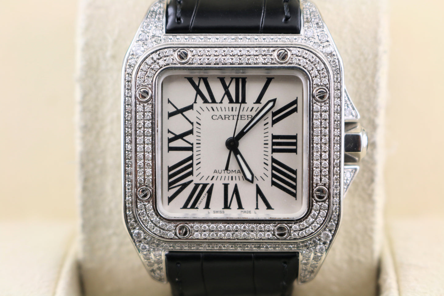 Cartier Santos Iced Out Diamond 2878 White Roman Dial Leather Strap 33x44mm