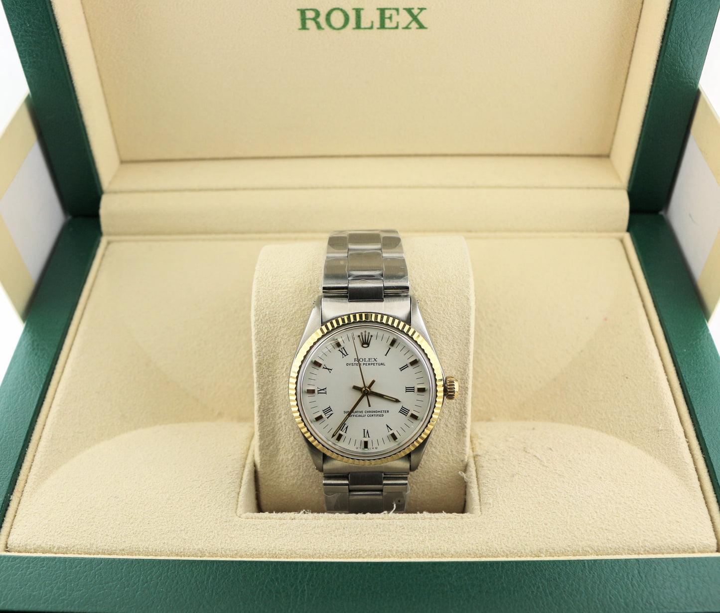 1969 Rolex Oyster Perpetual 5500 White Roman Dial Gold Bezel SS Oyster 34mm