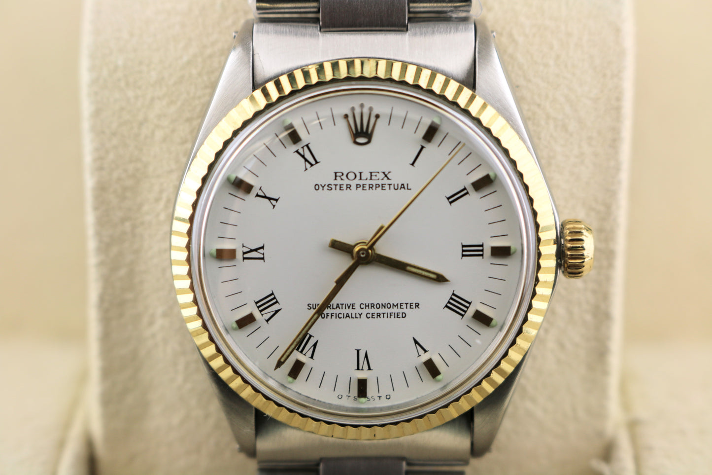 1969 Rolex Oyster Perpetual 5500 White Roman Dial Gold Bezel SS Oyster 34mm