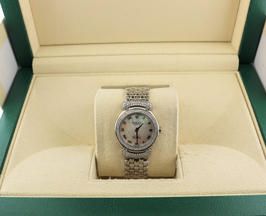 2001 Rolex Ladies Cellini 6673 White MOP Roman Diamond WG 18kt Bracelet 26mm