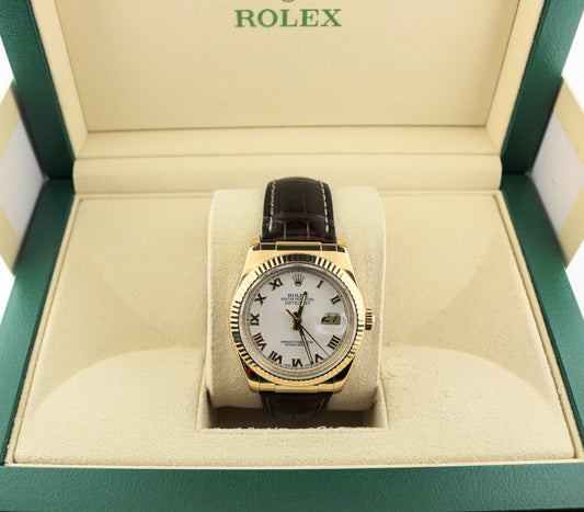 2004 Rolex Datejust 116138 White Roman Dial 18kt Yellow Gold Leather Strap 36mm