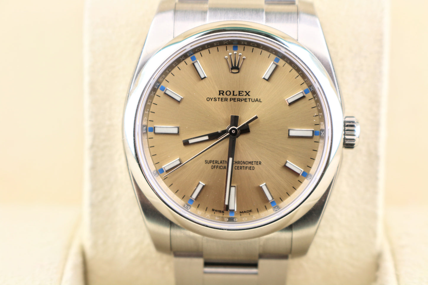 Unworn NOS 2016 Rolex Oyster Perpetual 114200 White Grape SS Oyster W Paper 34mm