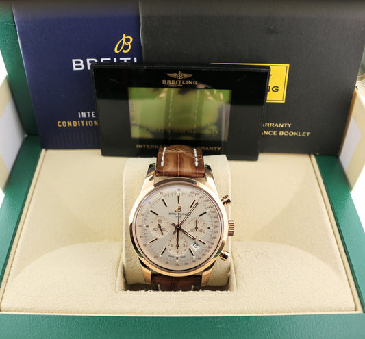 2019 Breitling TransOcean RB0152 18kt Rose Silver Dial Leather Strap Papers 43mm