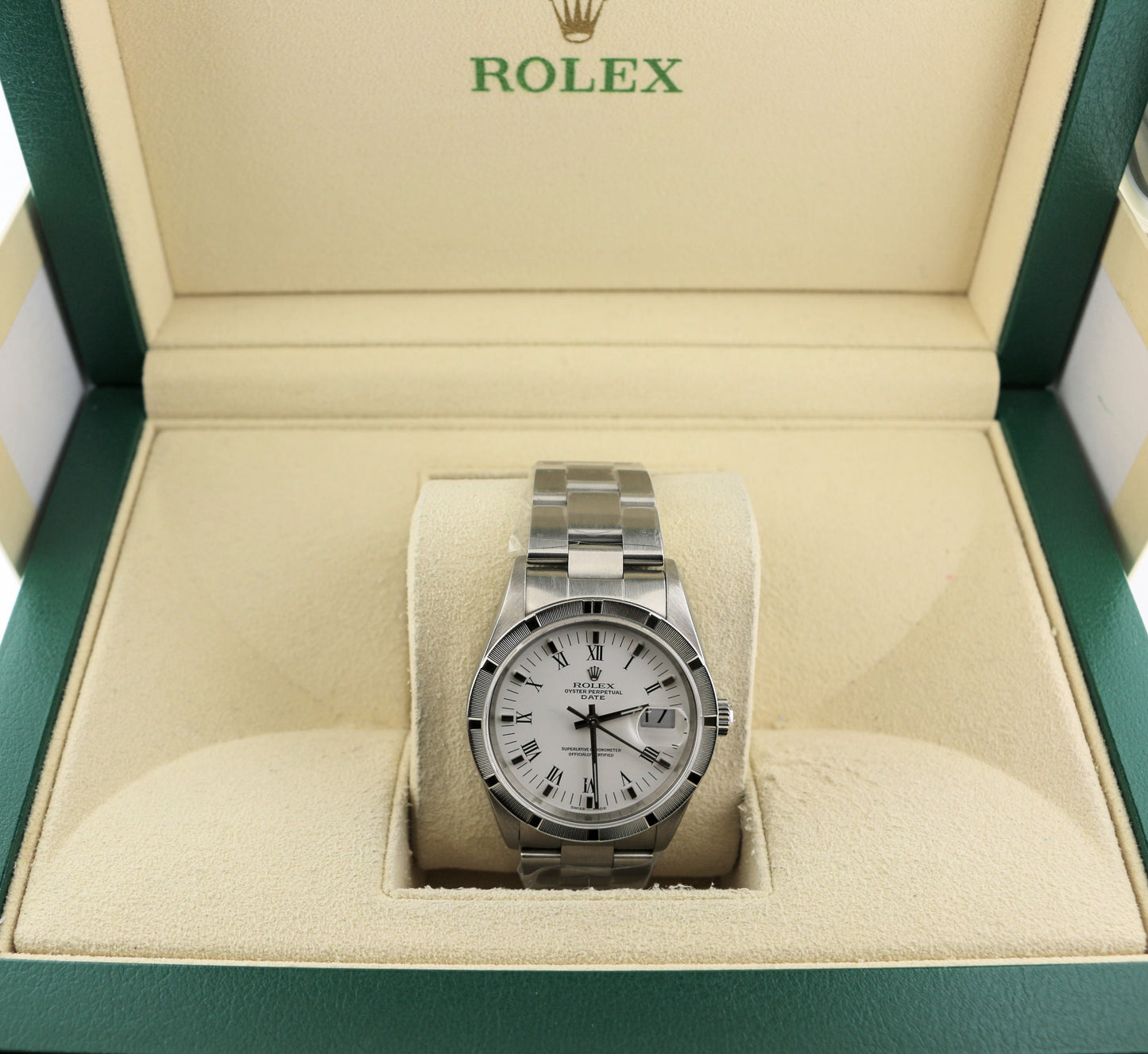 1999 Rolex Date 15210 White Roman Dial Engine Turned SS Oyster No Papers 34mm