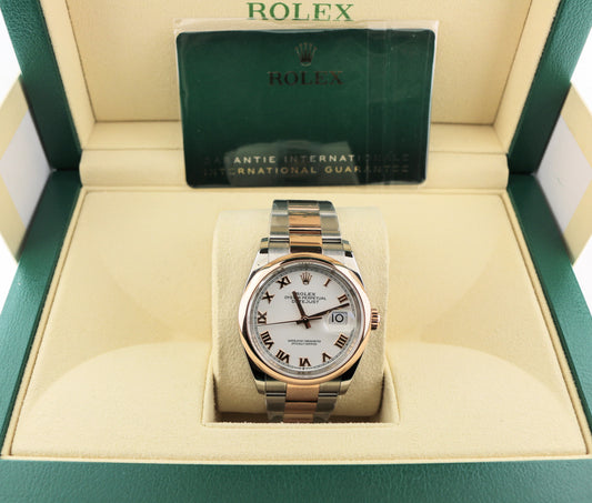 2022 Rolex Datejust 126201 White Roman Dial TT 18kt Oyster Rose With Papers 36mm