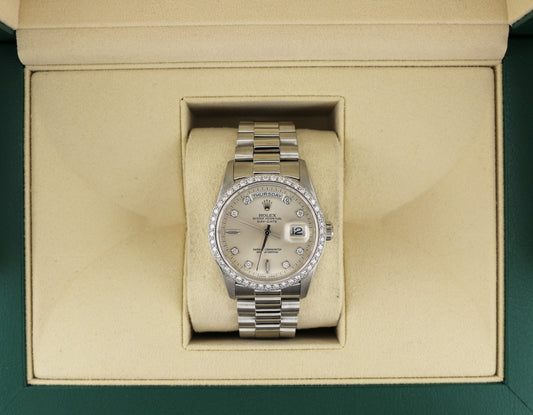 1991 Rolex Day-Date 18346 Silver Diamond Dial and Bezel Platinum President 36mm