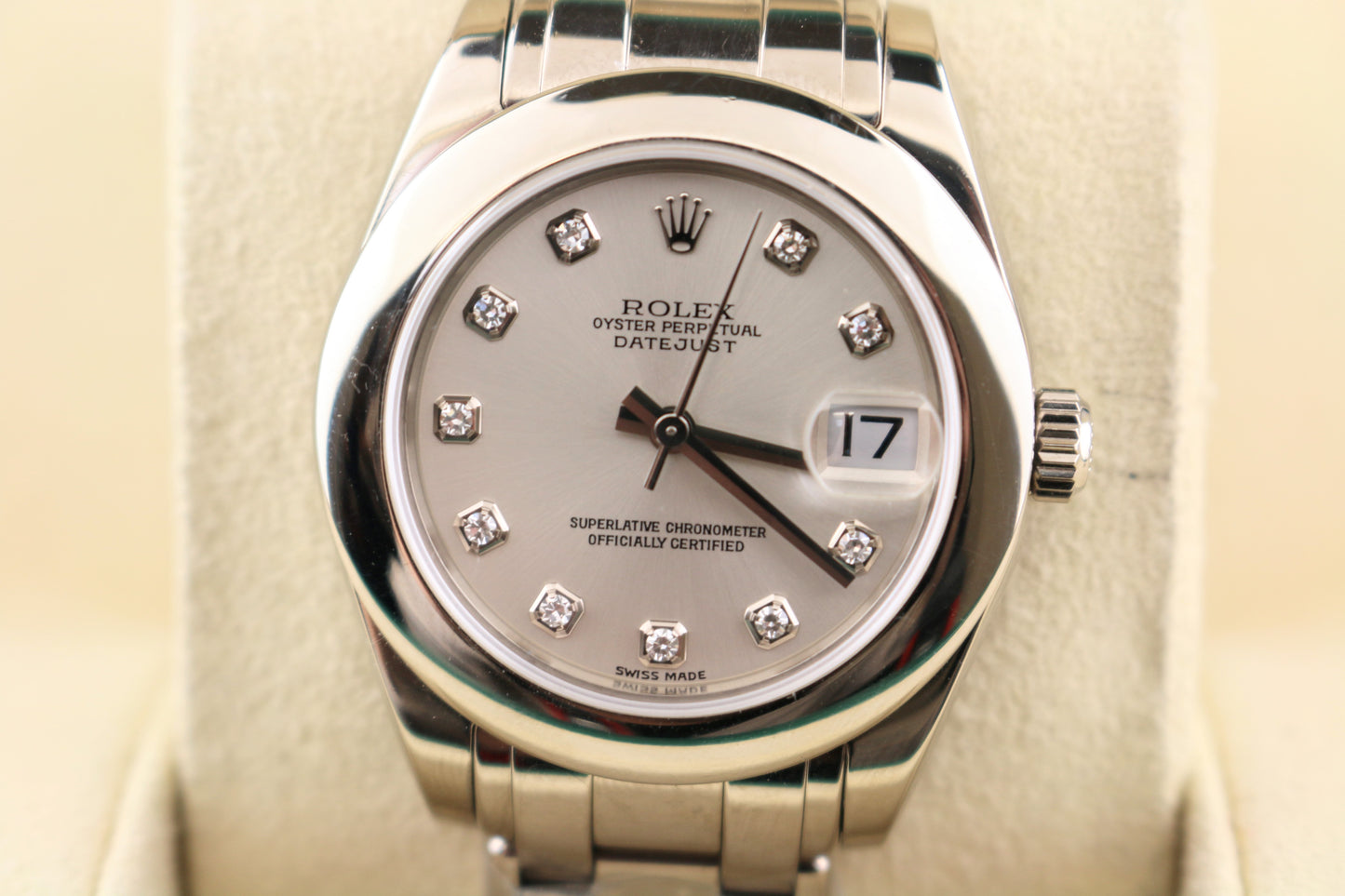 2002 Rolex Pearlmaster 81209 Silver Diamond Dial 18kt WG Masterpiece 34mm