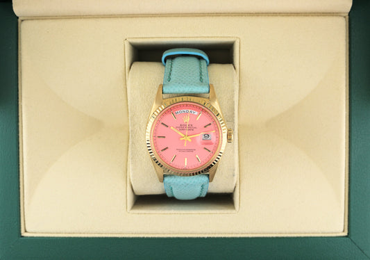 Rolex Day-Date 1803 Stella Pink Dial Blue Leather Strap No Papers 36mm