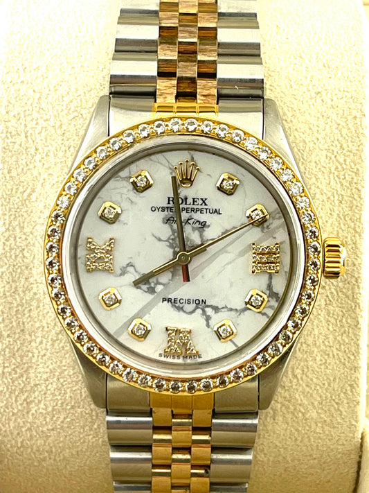 Rolex Air-King Custom White Marble Diamond Dial + Bezel 34mm