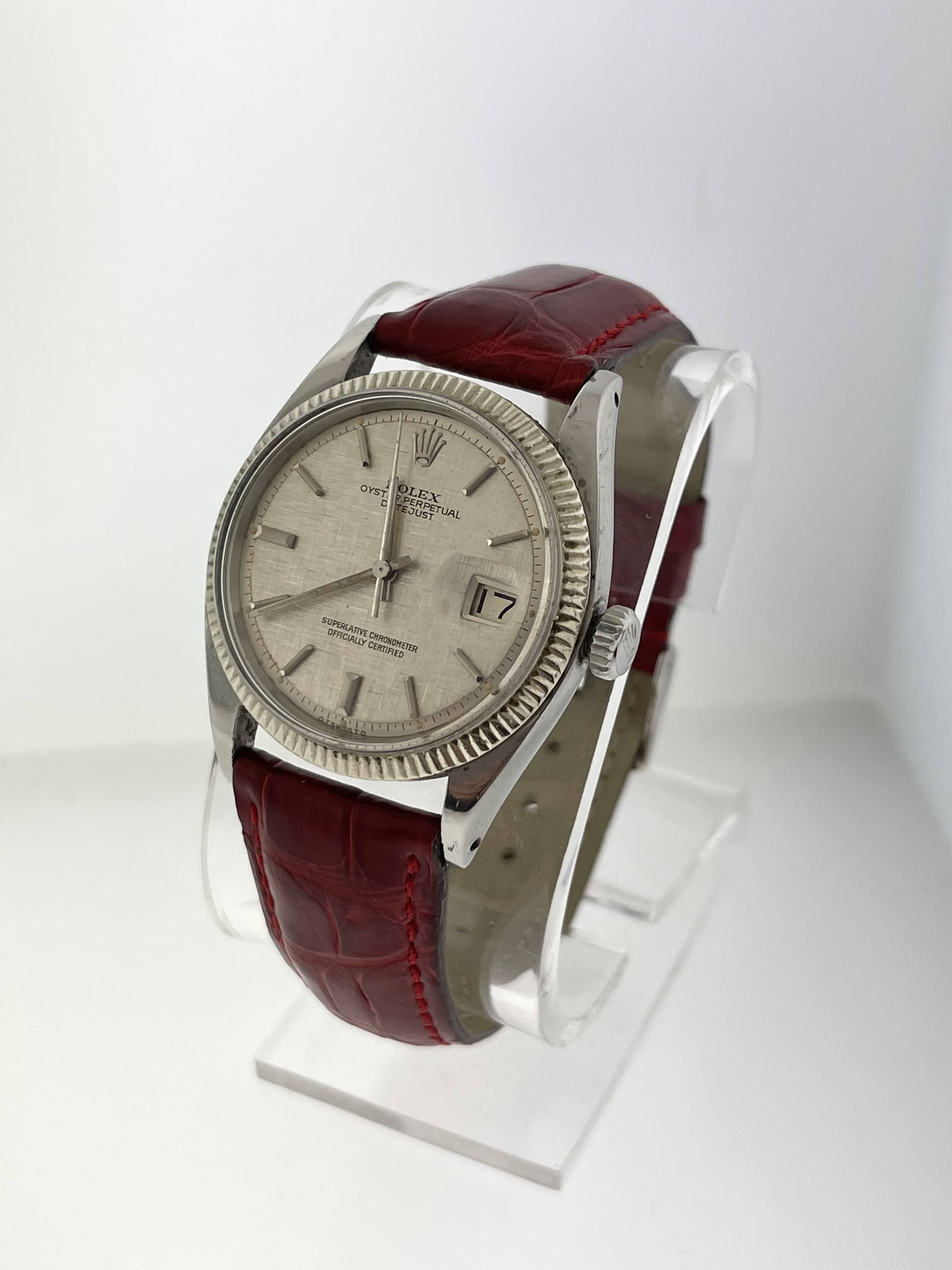 1973 Rolex Datejust 1601 Silver Tapestry Dial Red Leather Strap No