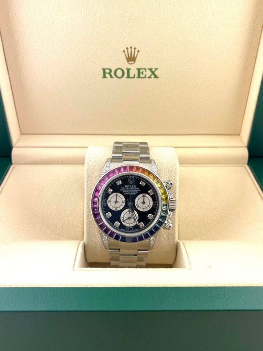 2004 Rolex Daytona 116520 Custom Black Diamond Dial + Rainbow Bezel 40mm