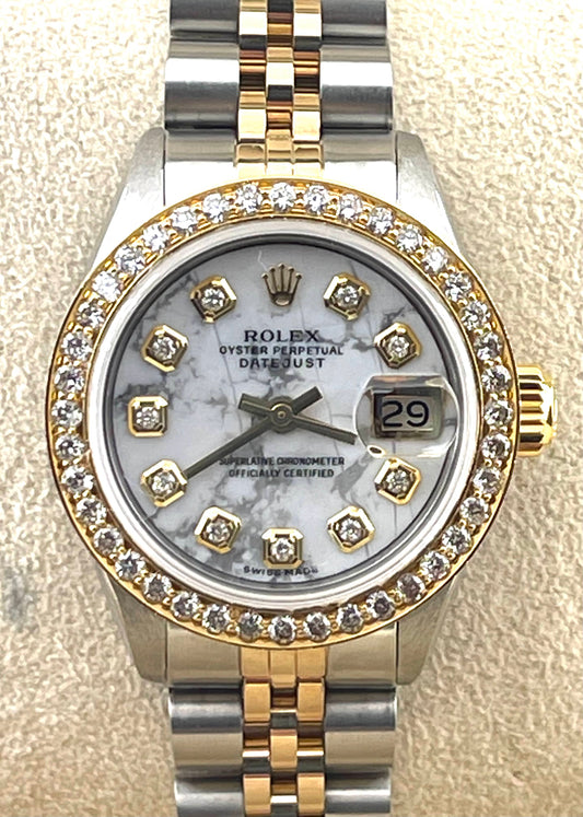 Rolex Datejust Custom White Marble Diamond Dial + Bezel 26mm