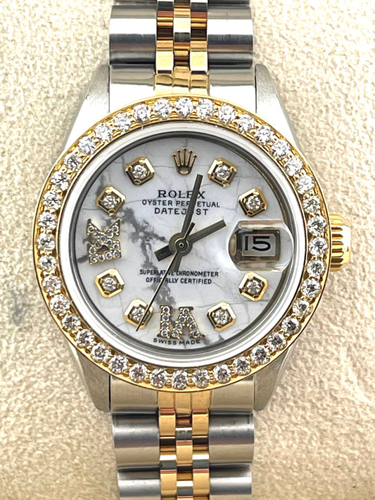 Rolex Datejust Custom White Marble Diamond Dial + Bezel 26mm