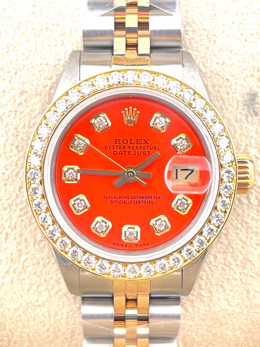 Rolex Datejust Custom Orange Diamond Dial + Bezel 26mm